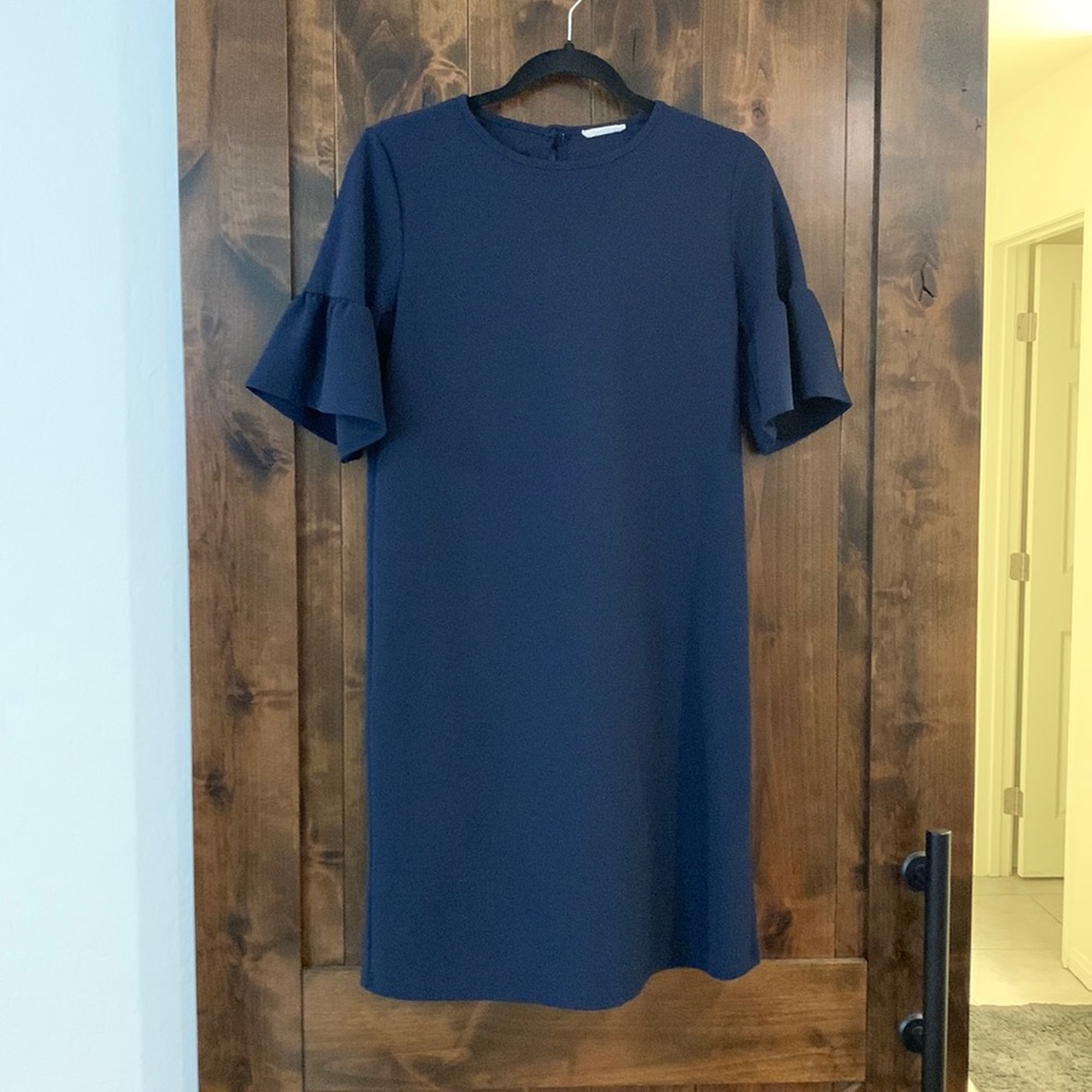 Navy blue straight dress knee length with bell sleeve detail size M